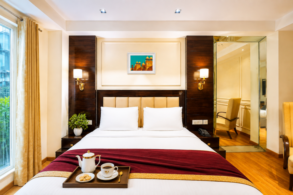 Studio room with bed and sitting area at Hotel GreySky South Delhi