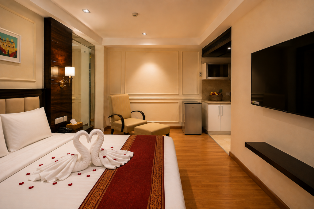 Studio room with bed and sitting area at Hotel GreySky South Delhi