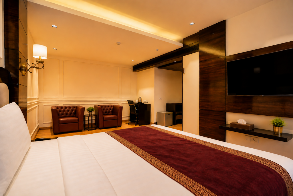 Superior room with comfortable double bed at Hotel GreySky South Delhi