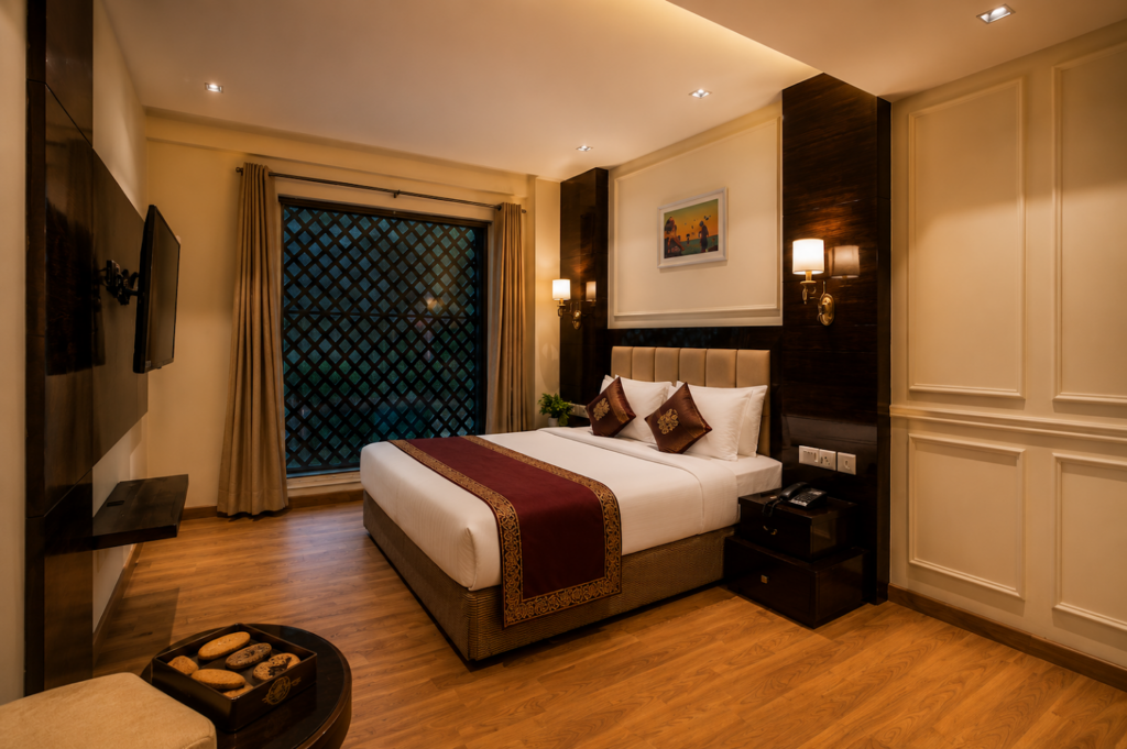 Studio room with bed and sitting area at Hotel GreySky South Delhi