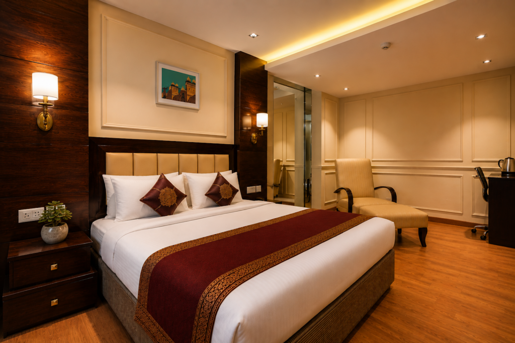 Studio room with bed and sitting area at Hotel GreySky South Delhi