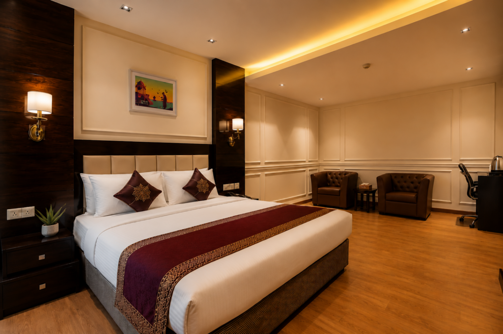 Superior room with comfortable double bed at Hotel GreySky South Delhi
